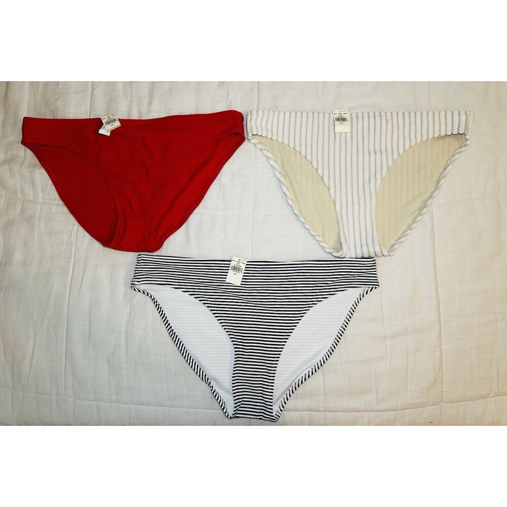 AERIE Bikini‎ Bottoms BUNDLE OF 3 Striped, Red, White/Tan Terry Stripe LARGE NWT
